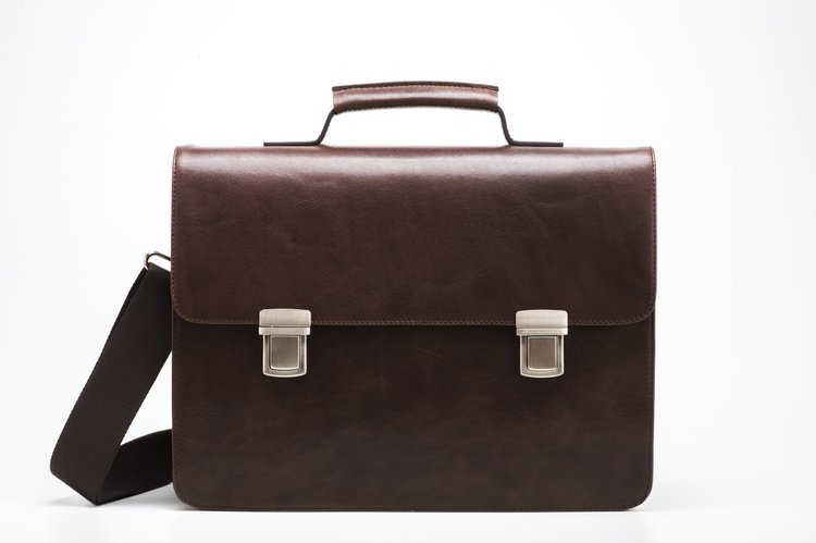 Brown leather briefcase with metal clasp and shoulder strap - men's leather bags
